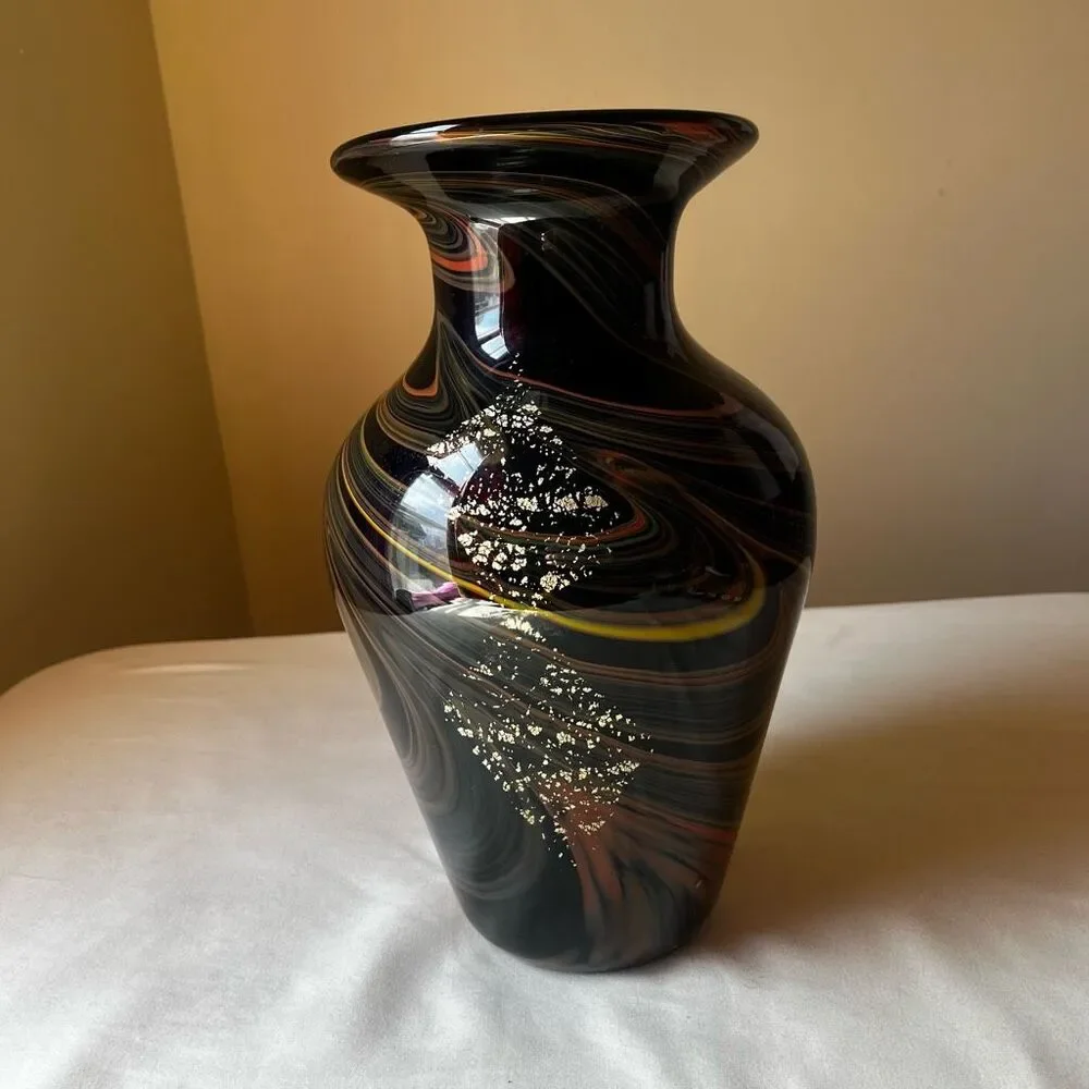 Murano Style Art Glass Vase Hand Blown Black with Gold Foil Mid Century Modern - Picture 12 of 12